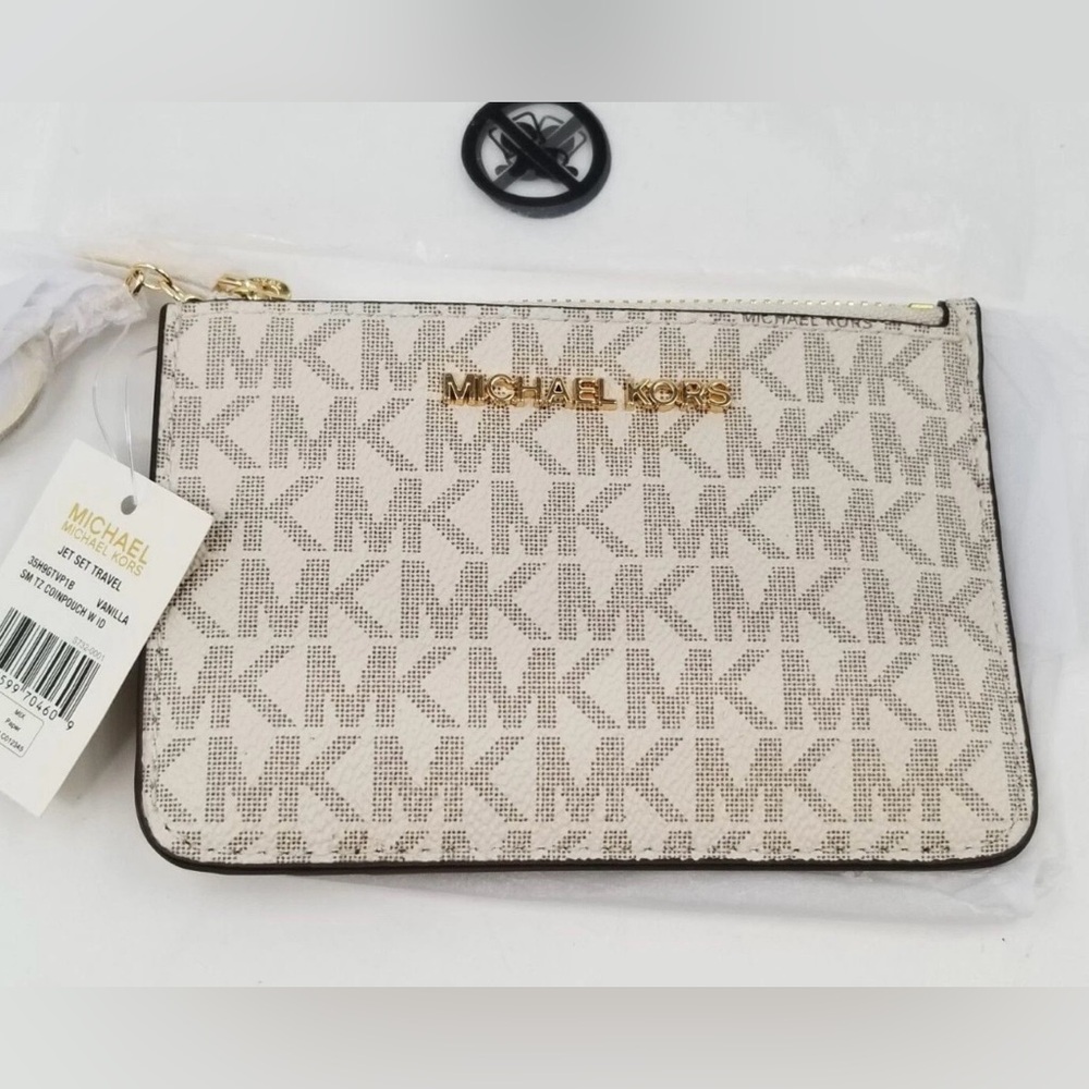 Michael Kors Tan and Gold Wristlet Jet Set Travel ID Wallet NEW